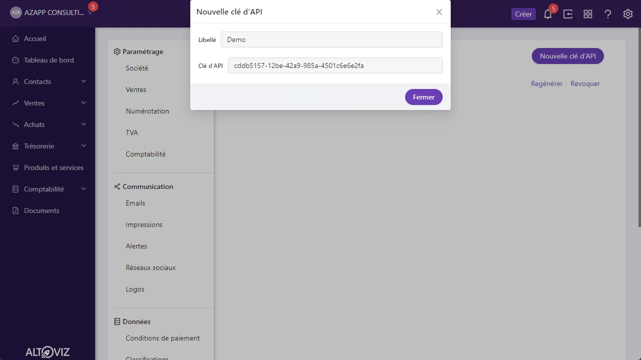 Create a new Altoviz API key using the app